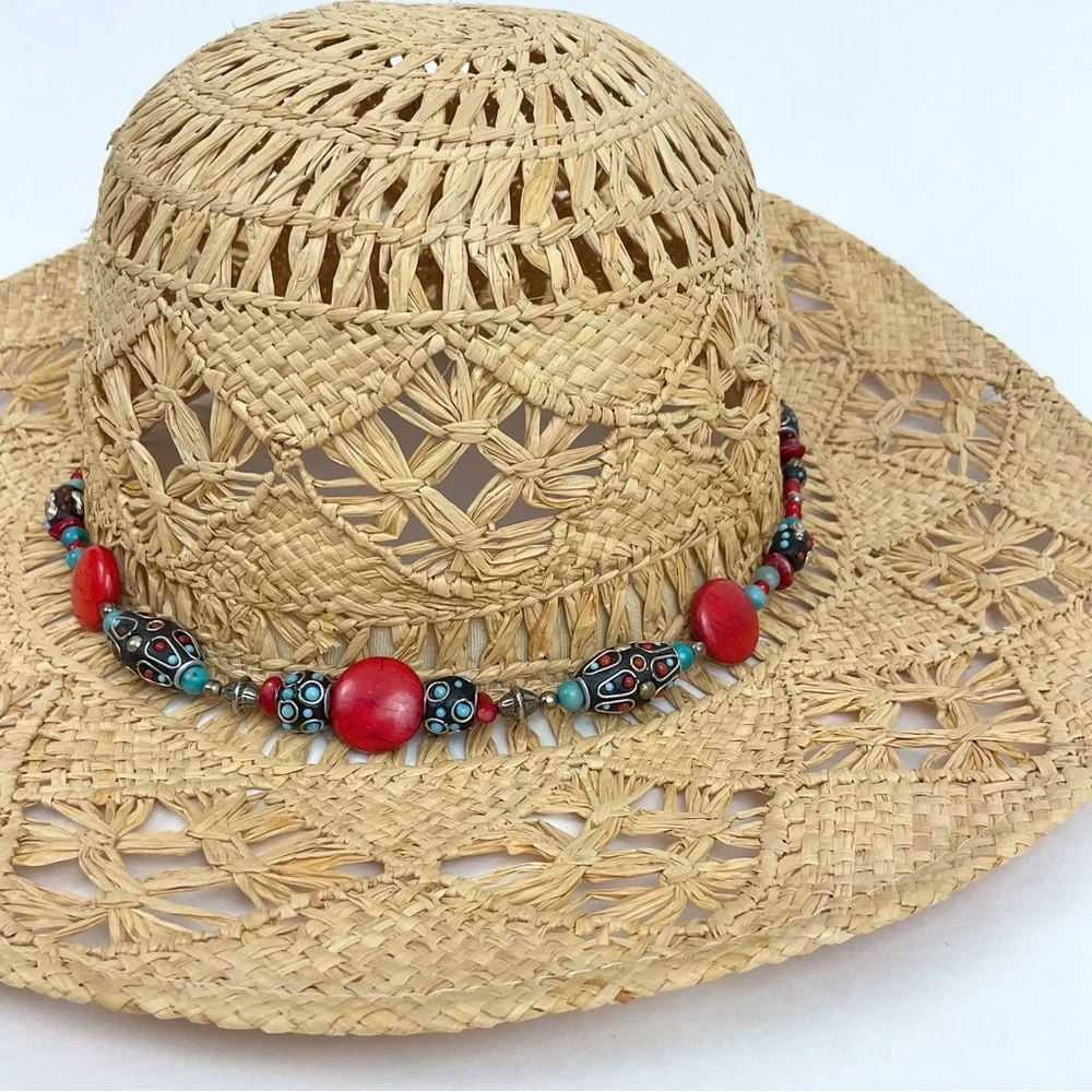 Vintage straw open weave sun hat with custom beaded band M/L beach resort wear - Picture 2 of 12